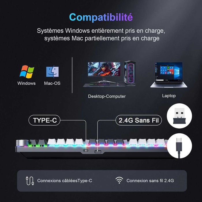 Tastatură mecanică gaming TECURS MK208 wireless,80%,red switch,AZERTY