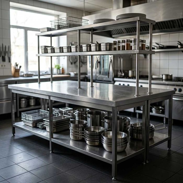 Стол островной из нержавейки с полками надстройками в Яшнабаде