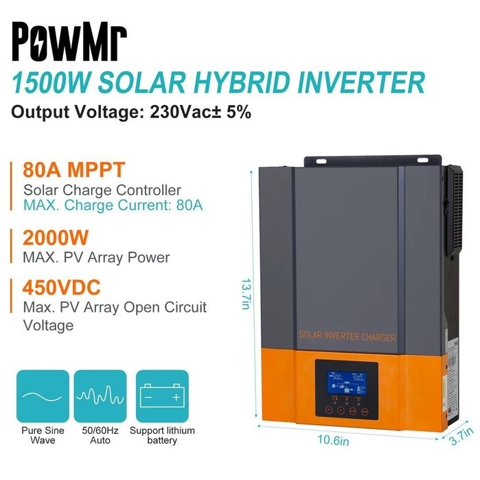 Invertor hibrid solar PowMr 1500W,  cu controler solar MPPT de 80A