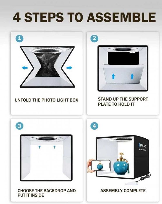 Lightbox portabil PULUZ 25cm cub foto cu LED pt fotografie de produs