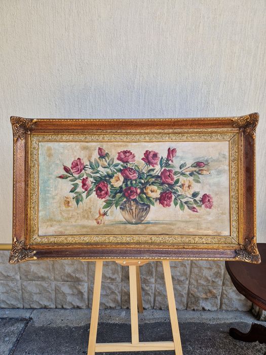 Натюрморт голям антикварен масло платно автор рамка