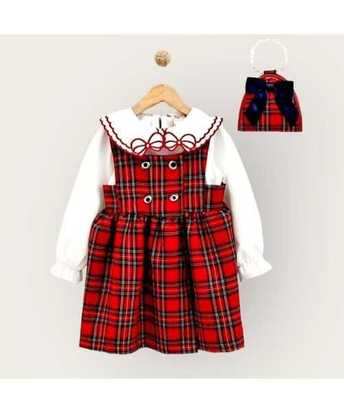 Set 3 piese, bluza cu guler brodat, sarafan in carouri  si poseta