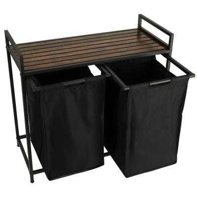 Cos mare de rufe cu doua compartimente, cu raft si blat din lemn, model LOFT, culoare neagra