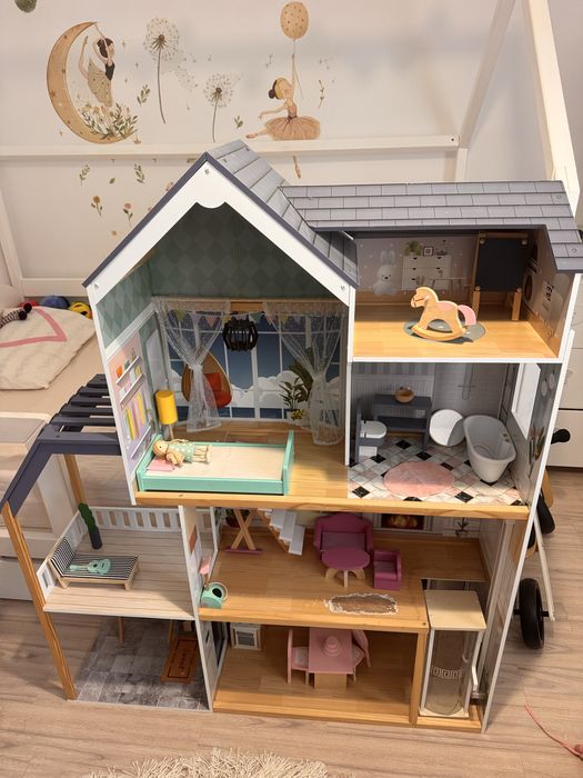 Vand casuta de papusi xxl din lemn cu mobilier
