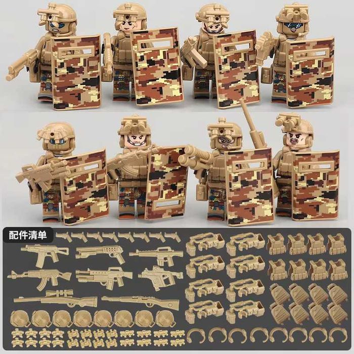 Set 8 figurine tip Lego cu 10 accesorii diferite si scuturi