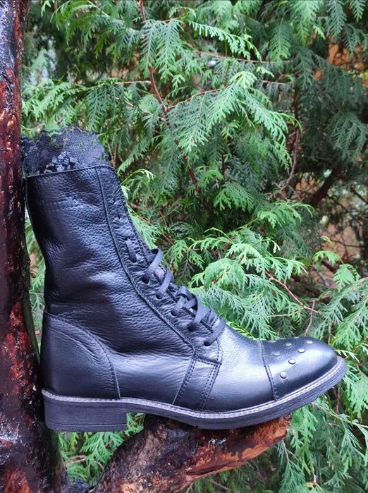 Боти черни с дантела,Естествена кожа