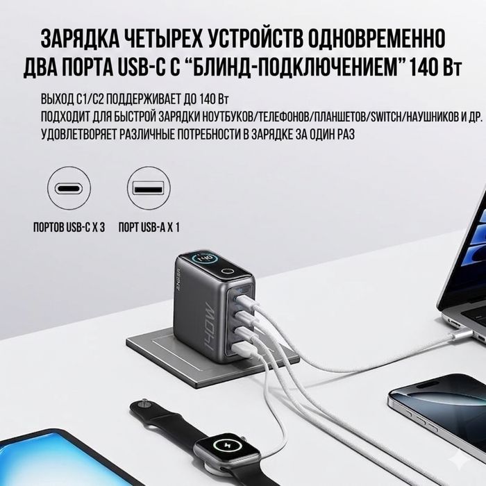 Anker Charger (140W, 4-Port, PD 3.1) with USB-C Cable