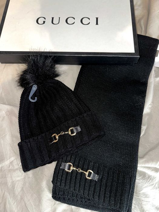 черен шал черна шапка сет комплект гучи плетени унисекс gucci нови