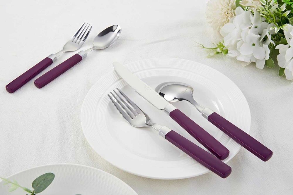 Комплект прибори от неръждаема стомана с лилави дръжки – 20 части