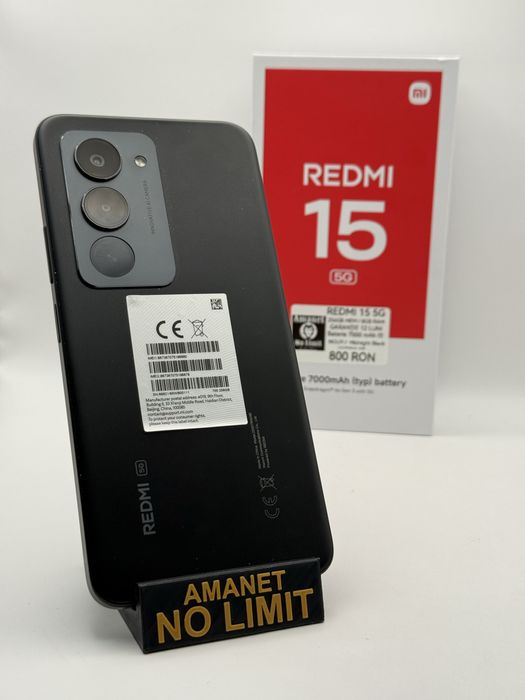 Redmi 15 Black 5G Baterie 7000mAh Nou Garantie 1an, AMANET NO LIMIT.