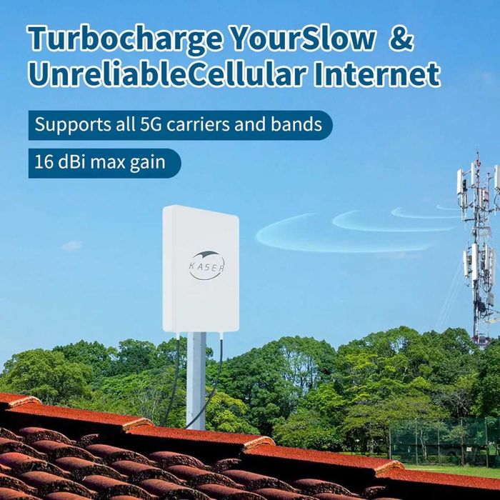 Antena externa LTE 5G/4G MIMO KASER banda N78, 3300-3800 MHz, cu castig de 15dBi, cablu de 10m cu pierderi reduse, adaptor SMA/TS9, pentru routere 5G