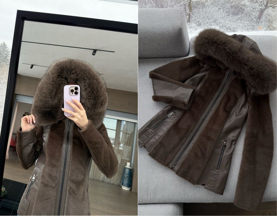 Естествена кожа алкантара с естествен косъм лисица кафяво яке палто