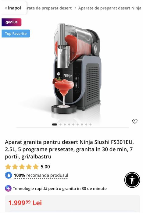 Aparat granita pentru desert Ninja Slushi FS301EU, 2.5L, 5 programe presetate, granita in 30 de min, 7 portii, gri/albastru