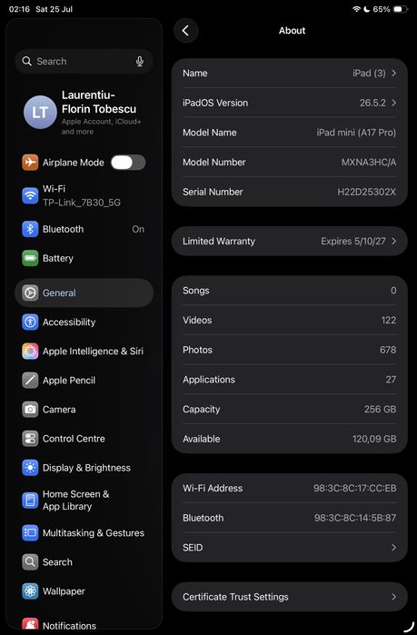 Vand ipad mini 7 256 gb 100% bat, garantie