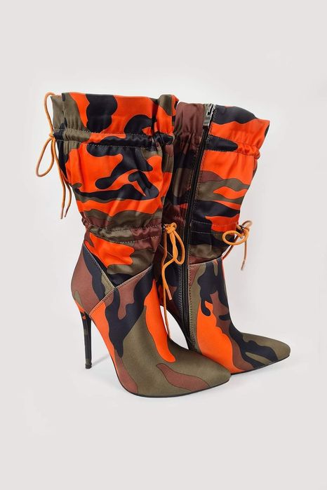 Botine satin sliletto Dama camuflaj toc cui varf ascutit
