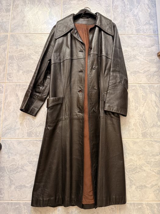 Haină damă din piele naturală vintage, lungă, mărimea 52, fabricată în România