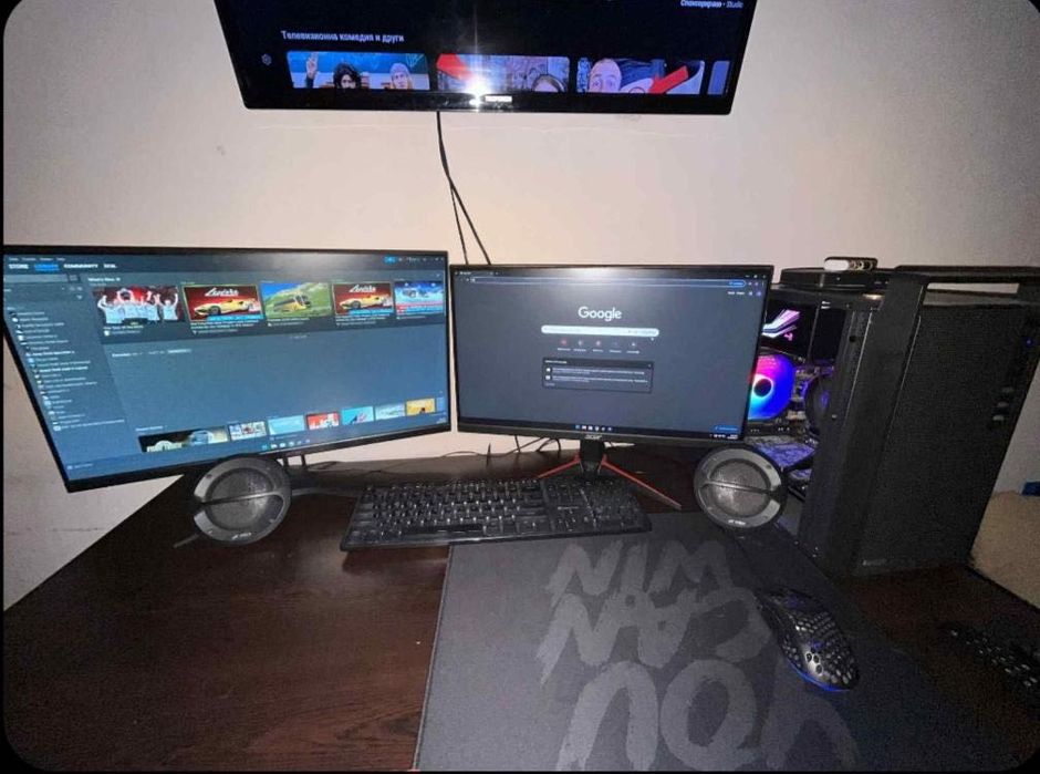 Геймърски компютър Ryzen 5 5600 RX 6600 16GB + 2 монитора Периферия