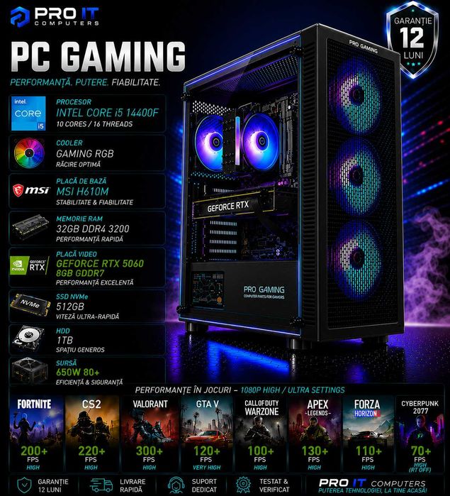 Calculator Gaming I5 14400F, 32GB DDR4, RTX 5060 8GB DDR7, 512 Nvme