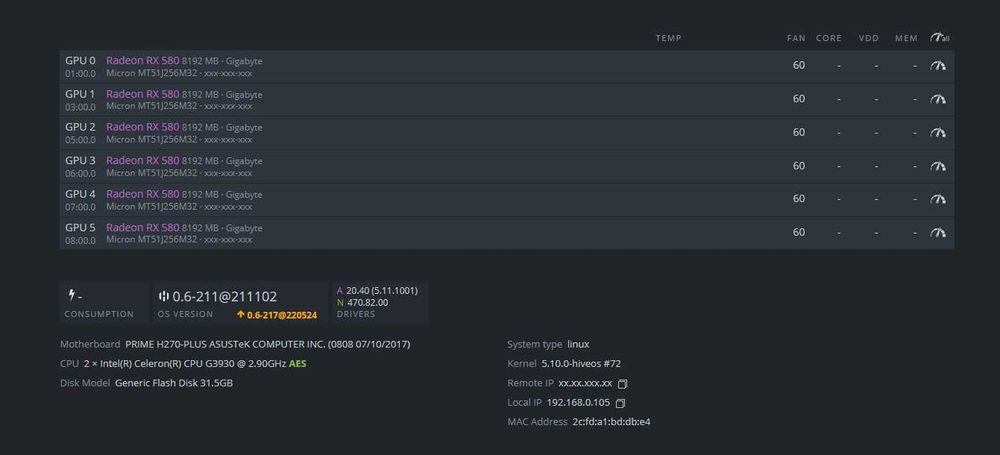 Rig - 18 x Radeon RX580 8GB - 3 рига с по 6 карти - 522.3 MH