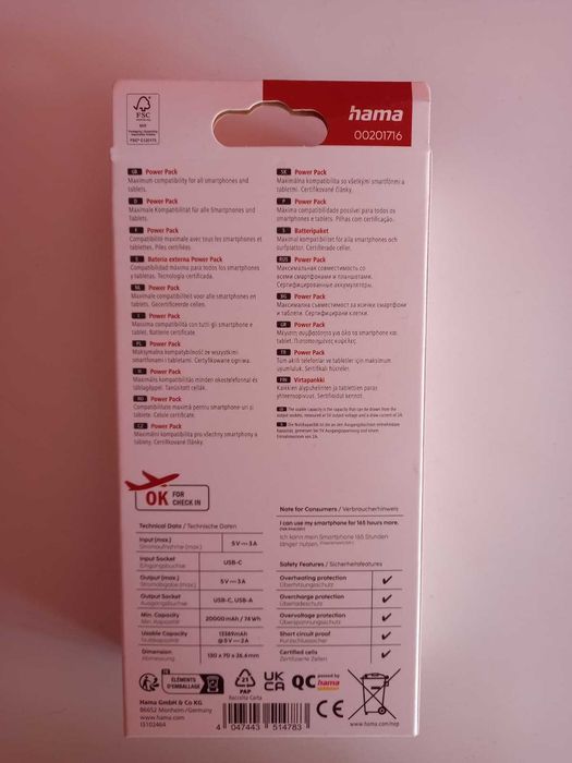 Acumulator extern Hama 20000 mAh nou, original, sigilat