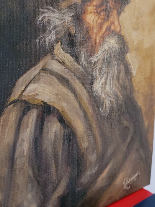 Superb tablou ,,Mos teaca,, ulei panza iuta Gheorghe Drăgan