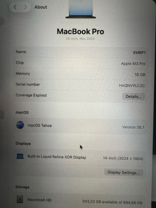 Apple MacBook Pro M3 12‑Core CPU, 18‑Core GPU, 14,2", 18 GB, 1 TB