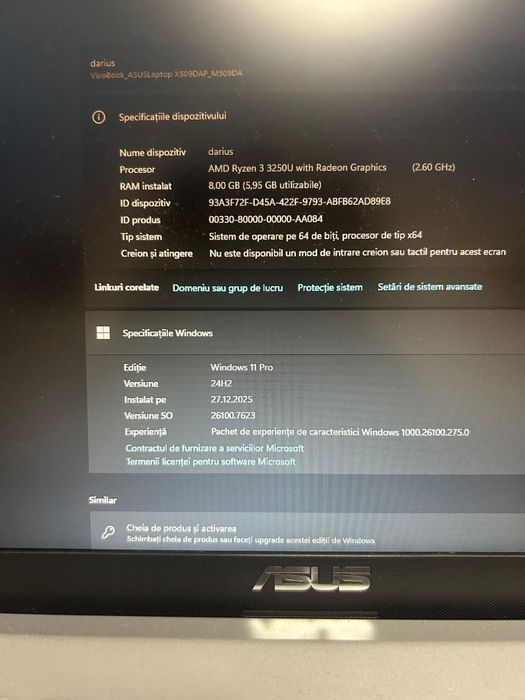 Laptop ASUS Ryzen 5 / 8GB RAM / SSD 256GB / Windows 10 Pro
