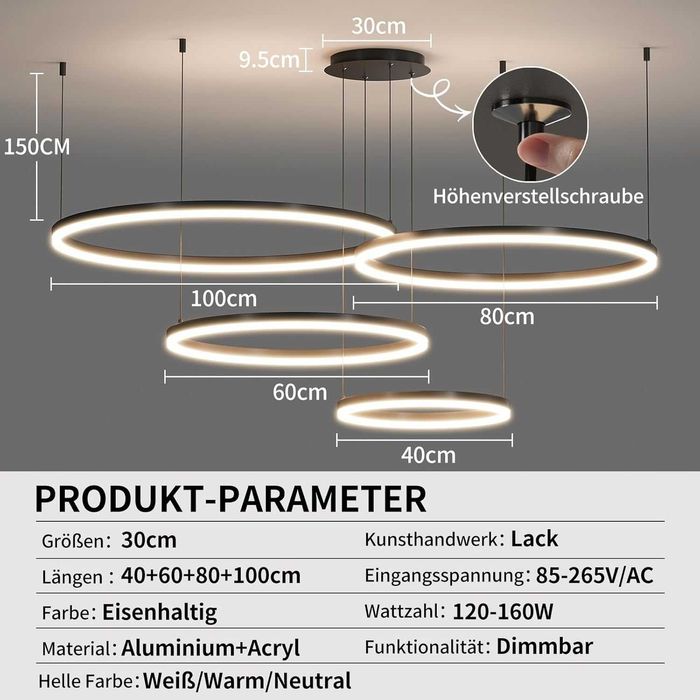Mikeru LED висяща лампа 40–100см кръгла димируема с функция памет