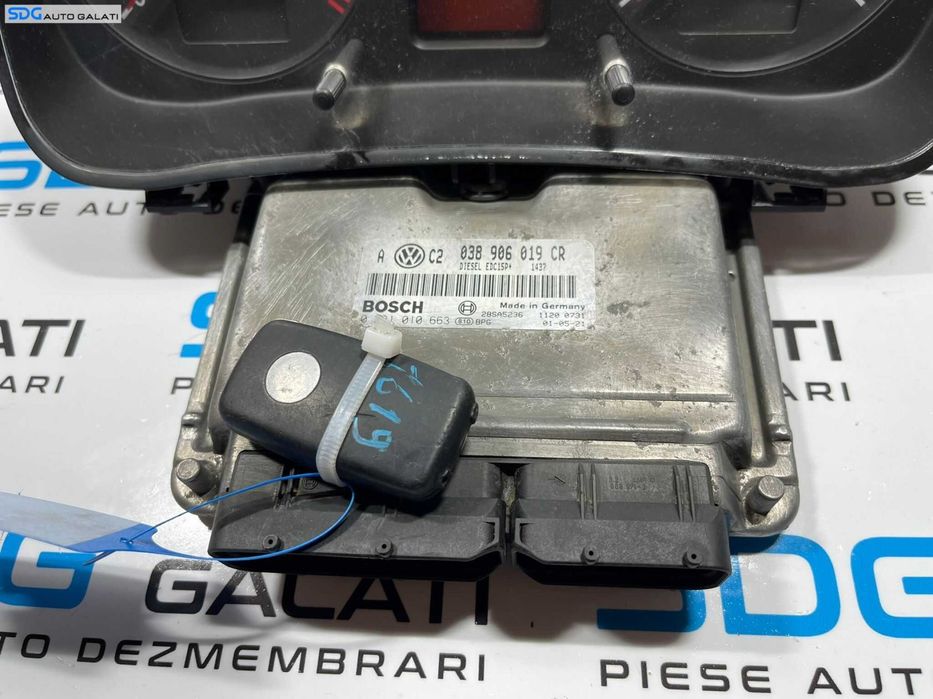 Kit Pornire ECU Calculator Motor Ceas Bord Imobilizator Cip Cheie Volkswagen Golf 4 1.9 TDI AXR 1998 - 2006 Cod 038906019CR 0281010663 [L2272]