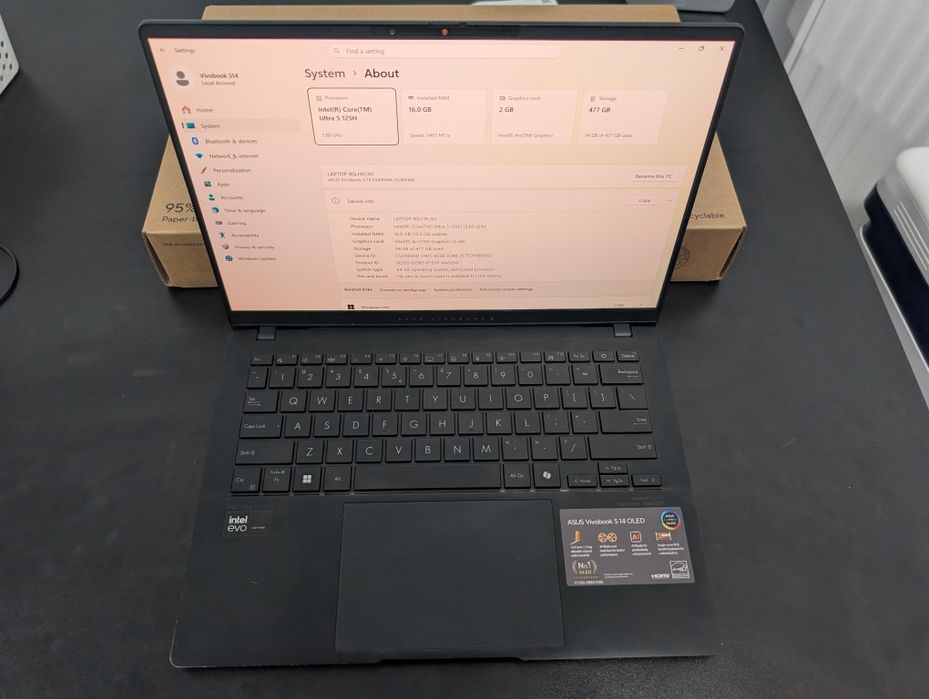 Laptop ASUS Vivobook S14 OLED ALUMINIU ÎN GARANȚIE Intel Core Ultra 5 125H 4.5GHz 14.0'' OLED 16GB LPDDR5X 512GB SSD Intel Arc Windows 11 PRO zenbook