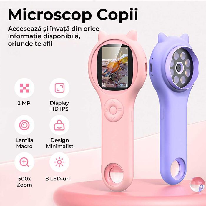 Microscop pentru Copii Digital, Zoom, Foto/Video, Roz, Cadou copii
