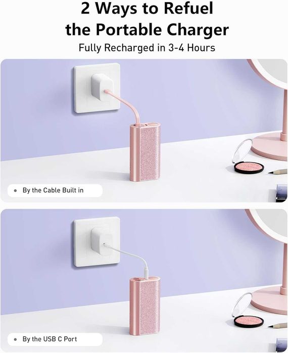 VEGER 10000 mAh външна батерия – розово-златен брокатен powerbank