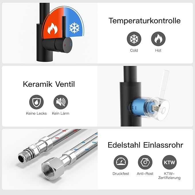 Baterie de bucatarie neagra cu dus extensibil 45 cm si 360° rotatie