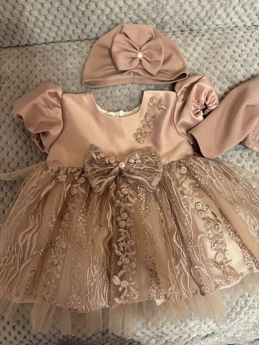 Set rochie roz, bolero si caciula elegante botez bebe marime 62