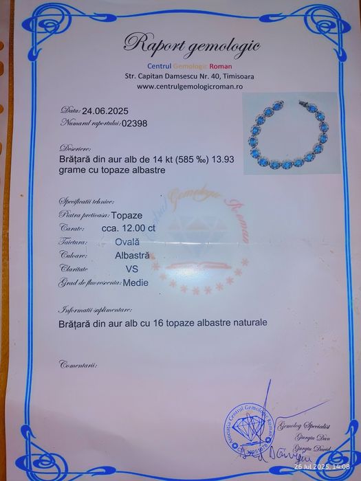 Brățară aur alb 14K 13.93 g cu 16 topaze albastre naturale + certifica
