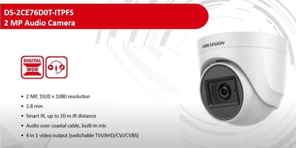 Бебефон FULL HD DS-2CE76D0T-ITPFS 5в1 Водоустойчива Камера Hikvision Вграден Аудио Микрофон 2MP -40° HD-TVI AHD HD-CVI CVBS бутон Видеопревключвател