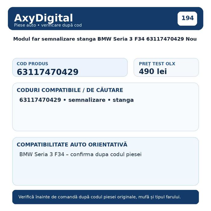 Modul far semnalizare stanga BMW Seria 3 F34 63117470429 Nou