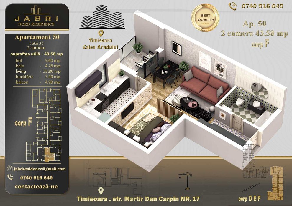 Apartament cu 1,5 camere la Jabri Nord Residence