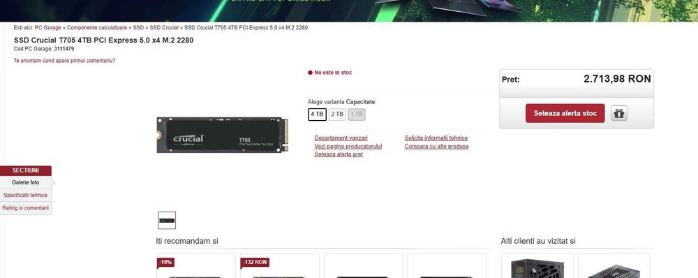 SSD Crucial T705 de 4TB PCI Express 5.0 x4 M.2 2280 , nou, fara cutie