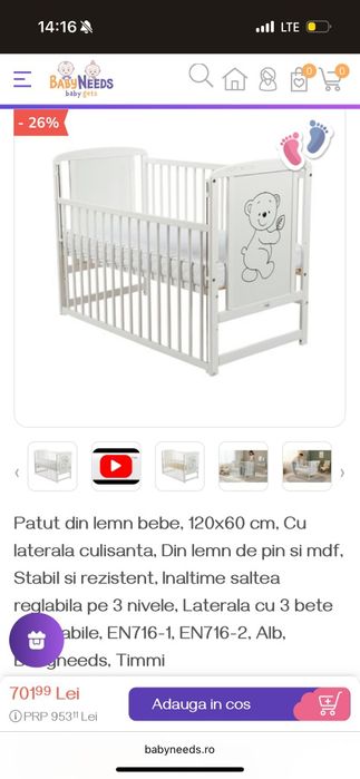 Vand Pătuț bebe+lenjerii, saltea si protectii pat