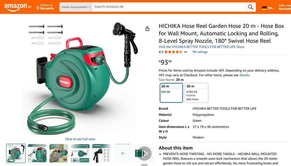 Rolă furtun de grădină HICHIKA 20 m cu duză de pulverizare