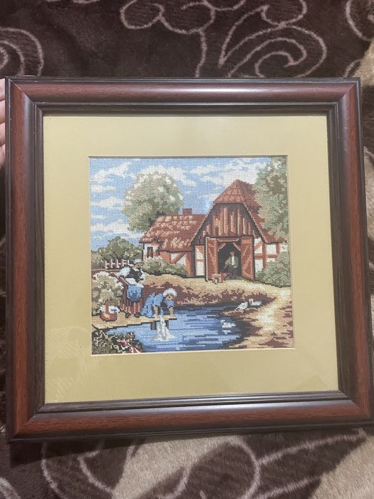 Goblen cusut manual – Peisaj rustic, casă la țară