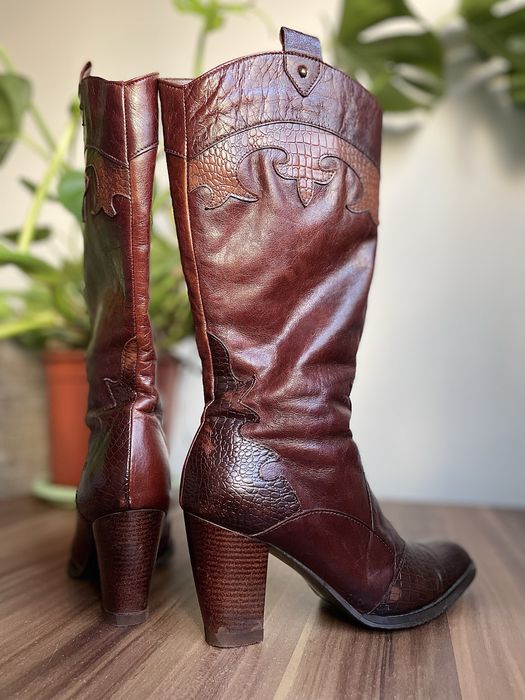 Cizme Piele Naturala Cowboy / Ciocate Vintage Western - Marimea 36