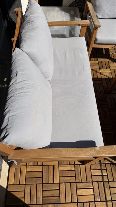 Set mobilier gradina GoodHome Denia, banca cu masa si 2 fotolii, culoare maro