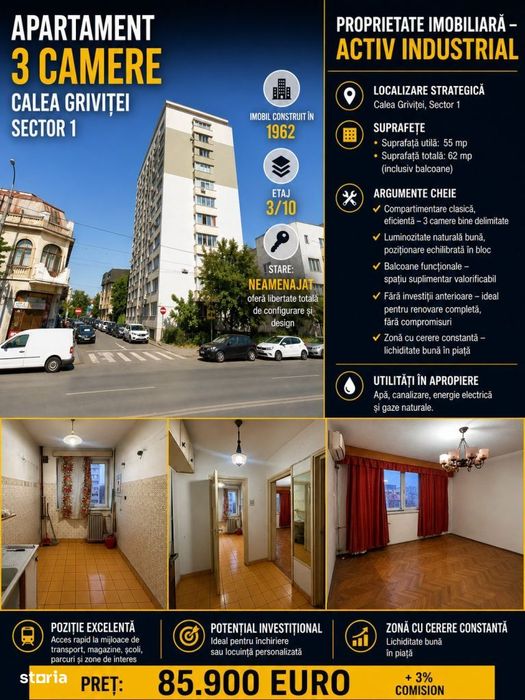 Apartament 3 camere- 62 mp-Calea Grivitei/Basarab- Sector 1