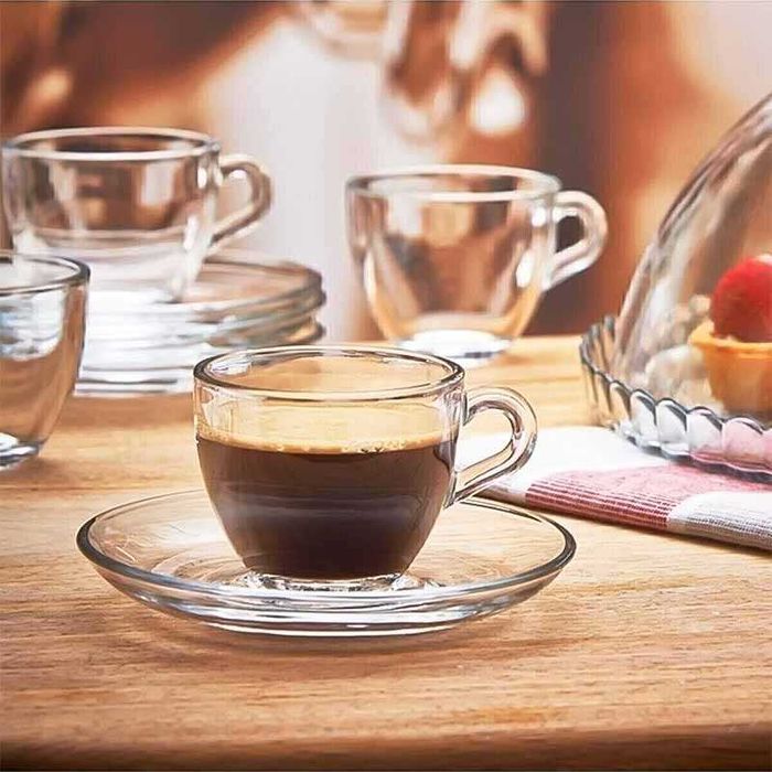 Чаша с чинийка за кафе 90 мл Basic Pasabahce, 6 чаши и 6 чинийки