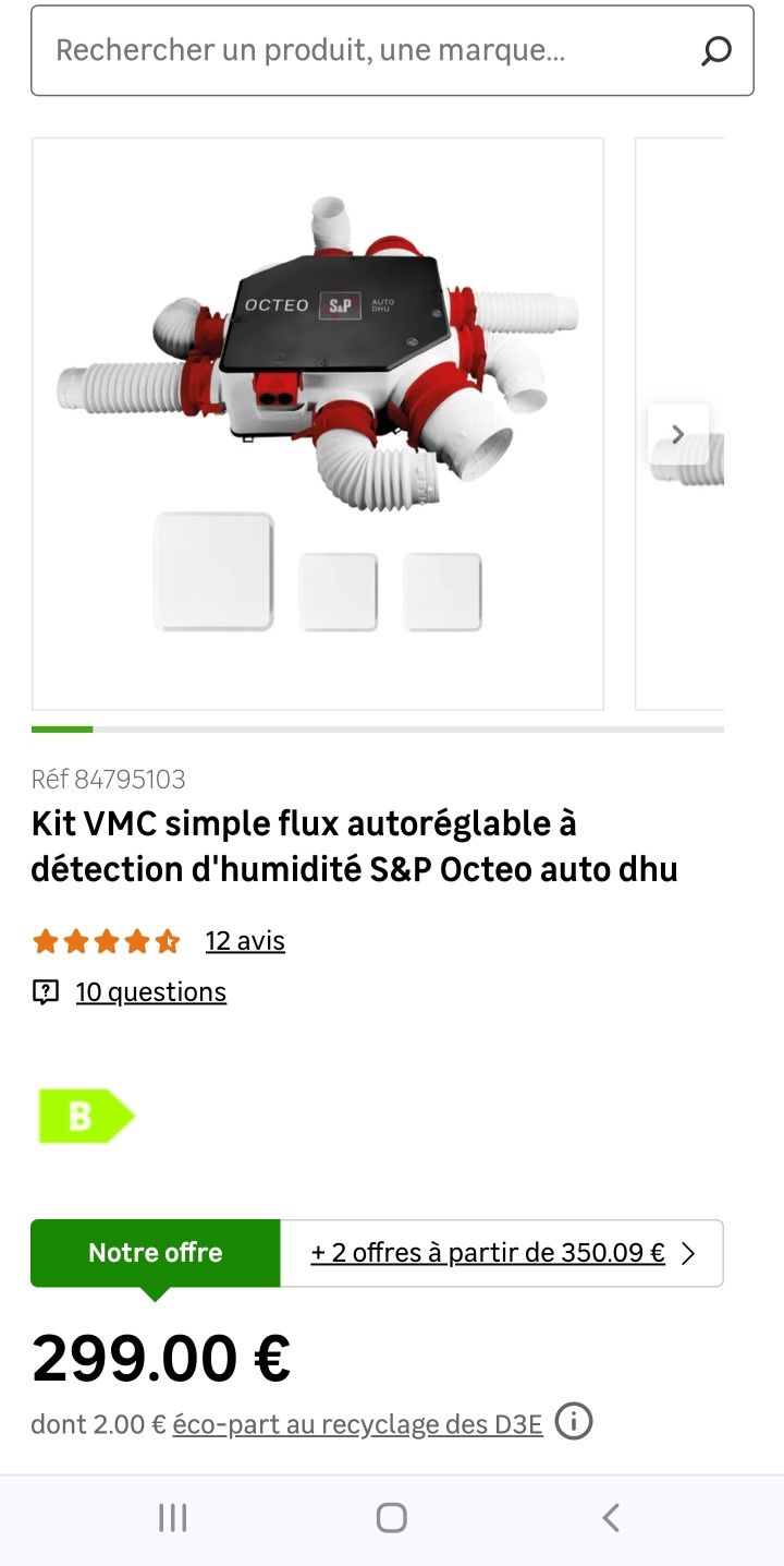 Kit VMC simple flux autoréglable à détection d'humidité S&P Octeo