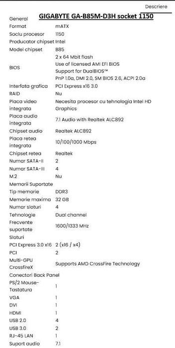 Kit Componente PC : Placa de baza GIGABYTE GA-B85M-D3H + Cpu I5 4690k