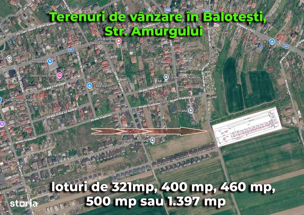 Teren Balotești, Str. Amurgului, lot 400 mp, 460 mp, 500 mp, 1.397 mp