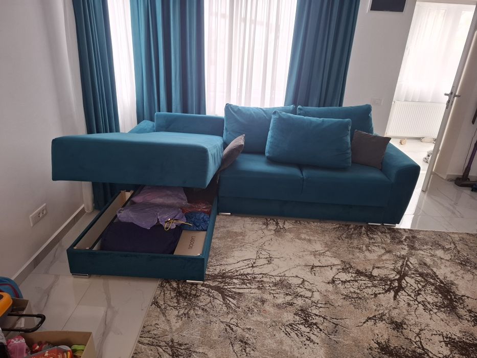 : Colțar living modern, extensibil, cu ladă depozitare, catifea turcoaz, 270x200 cm